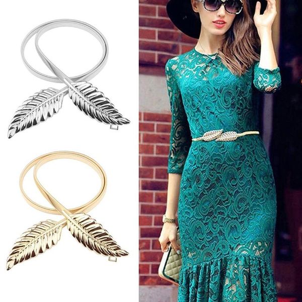 

belts fashion women belt gold silver leaf elastic metal stretch high waist dress accessories ladies solid color chic, Black;brown