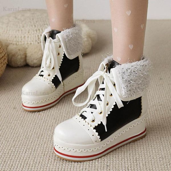 

boots brand design great quality sweet cute platform lolita lace-up cosplay brogue sneakers wedges ankle big size 44, Black