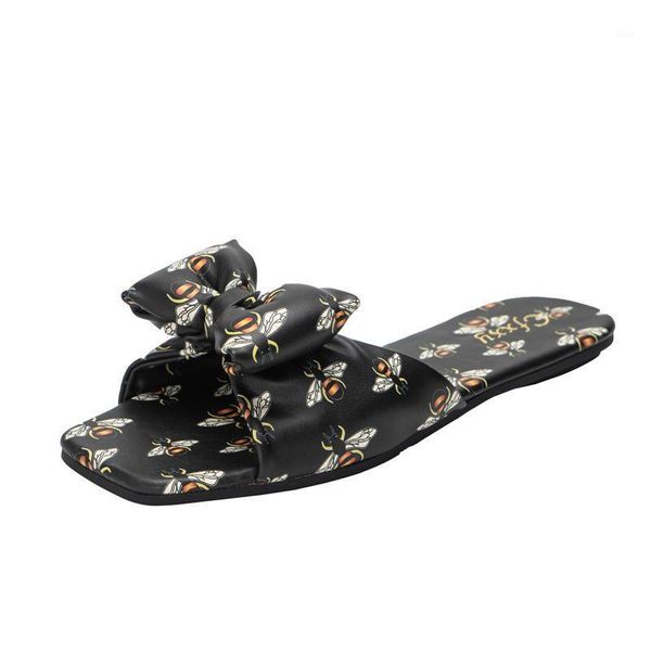 

slippers 2021 bees women slip on slides fashion brand square toe leather flat sandals female outdoor casual flip flops1, Black