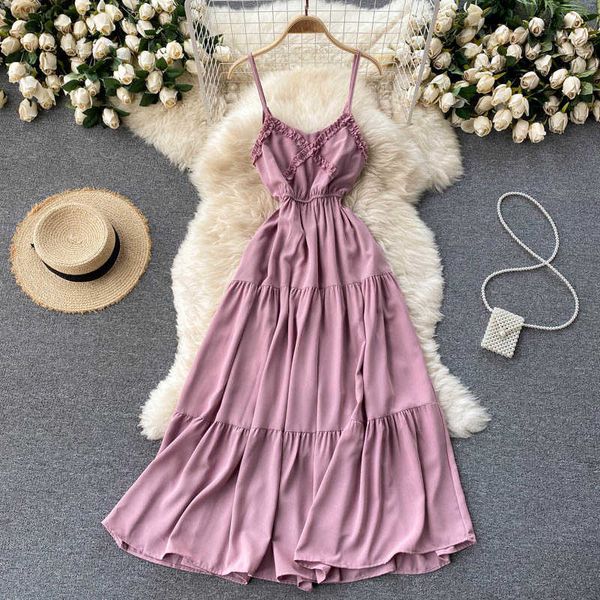 

summer beach party spaghetti strap dress women casual sleeveless high waist open back a-line big swing slim vestidos 2021 y0603, Black;gray