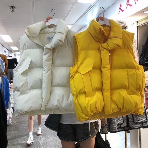 

women's vests [ewq] korean loose solid color drawstring waist sleeveless down cotton vest women warm bread coat autumn winter 2021 16e4, Black;white