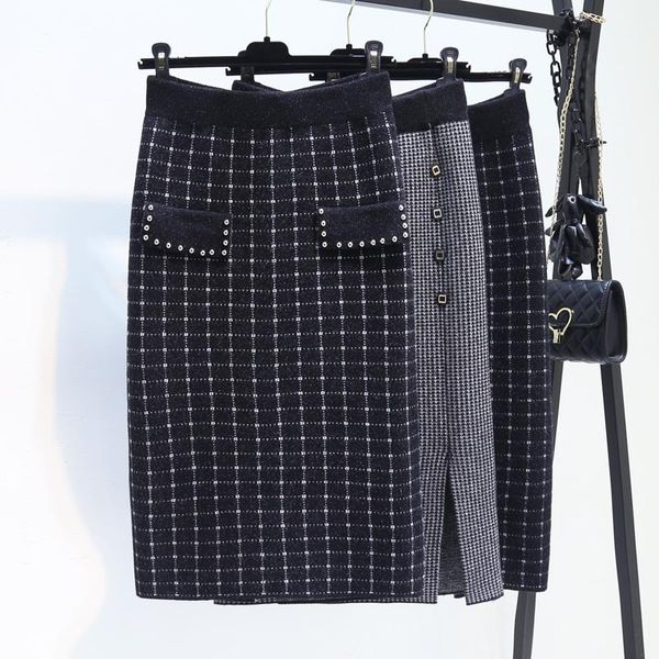 

skirts upset straight knitted female winter high waist plover case in wool long split package hip skirt, Black