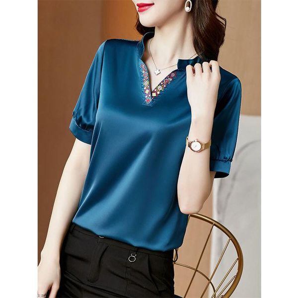 

women's blouses & shirts blouse women shirt t-shirt short sleeve 2021 summer v-neck loose blusas mujer de moda, White