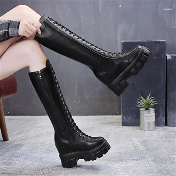 

boots woman lace up booties autumn winter warm chunky platform leather knee high women punk height increasing long 34-3911, Black