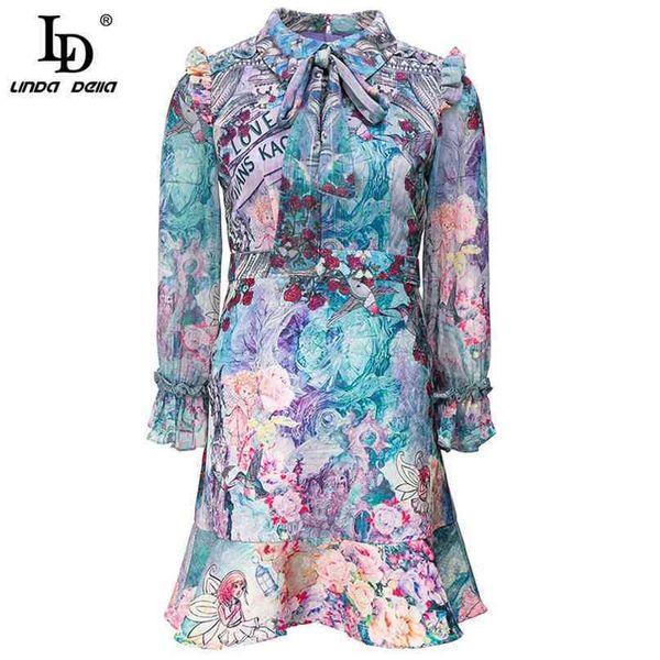 

fashion designer summer dress women turn-down collar bow rose flower print gilding ruffle vintage mini dresses 210522, Black;gray