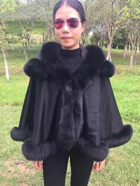 

women's fur & faux mlhxfur pashmina cashmere shawl wrap poncho coat shawls with wool scarf collar hoodie hood, Black