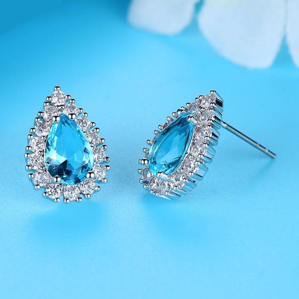 

stud cinily luxury water drop full crystal earrings big peacock blue stone silver bride wedding party jewelry for women, Golden;silver