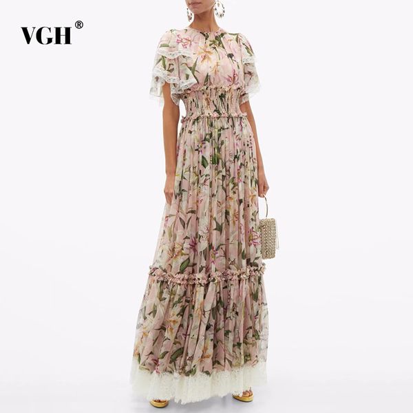 VGH Vintage Print Blumenkleid für Frauen O Hals Kurzarm Hohe Taille Patchwork Spitze Elegante Midi Kleider Weibliche Mode Stil 210421