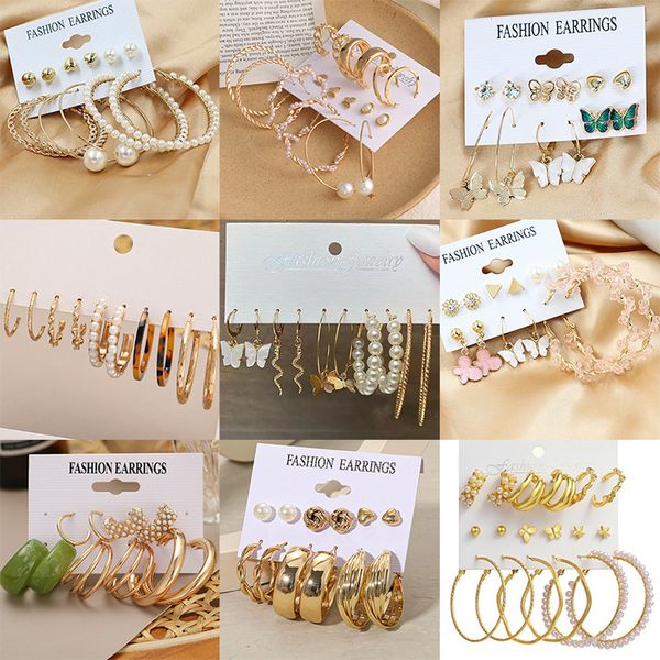 

fashion pearl hoop earrings set for women earring vintage geometric gold metal bohemian jewelry 2021 crystal heart stud earing, Golden;silver