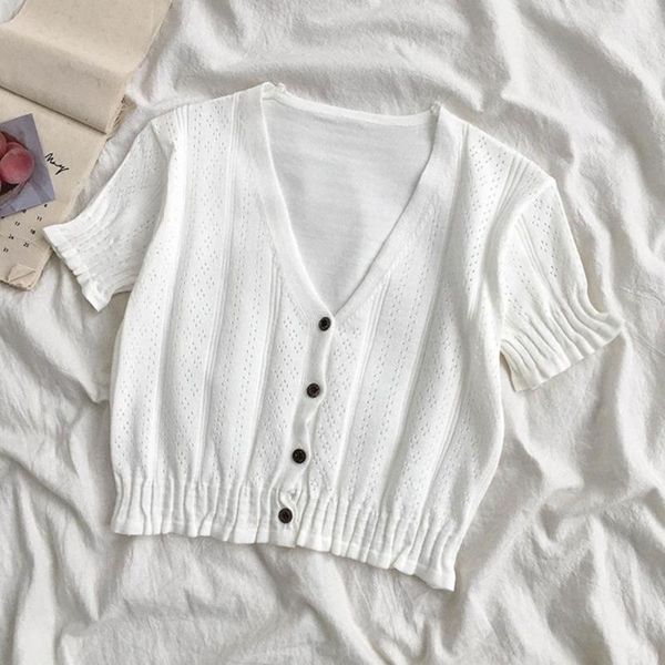 

women's t-shirt crop knitted hollow out women short sleeve v neck for dating fashion 2021 street wear, White