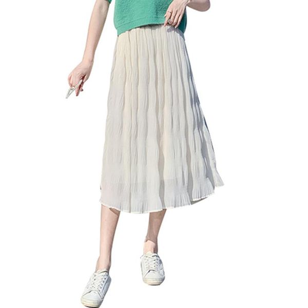 

arrival spring summer women high waist slim long skirt sweet ruffles hem solid color chiffon pleated skirts, Black