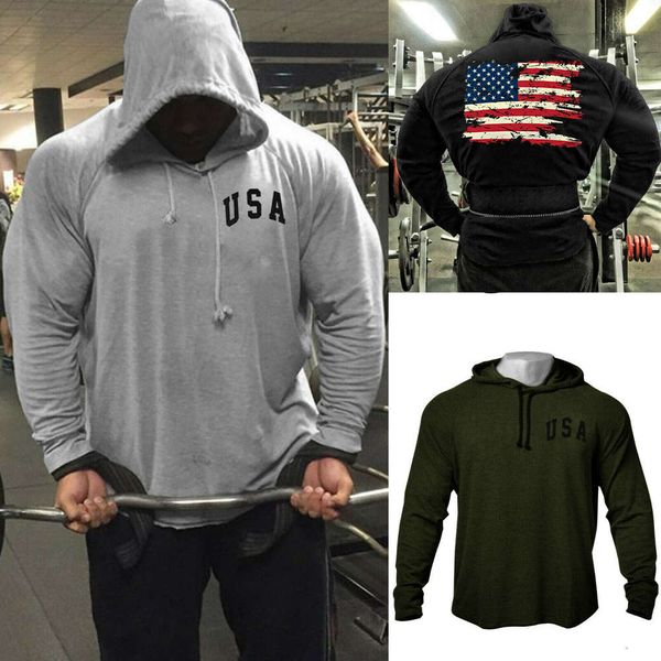 

men fitness back vintage american flag bodybuilding raglan hoodies sweatshirt zoom-cut training suit top, Black