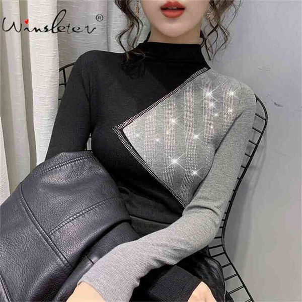 

spring patchwork t-shirt women color block diamonds half turtleneck long sleeve casual tees cotton t01406y 210421, Black;gray