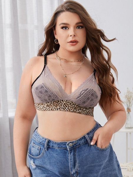 

plus leopard lace scallop trim bralette s0jh#, Black;white