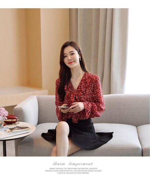 

women's blouses & shirts real s ruffled v-neck long-sleeved chiffon shirt female autumn korean version loose and thin trumpet sleeve fl, White