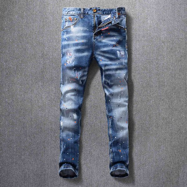 

jeans fashion streetwear men retro blue elastic slim fit ripped jeans italian vintage designer hip hop pants hombre