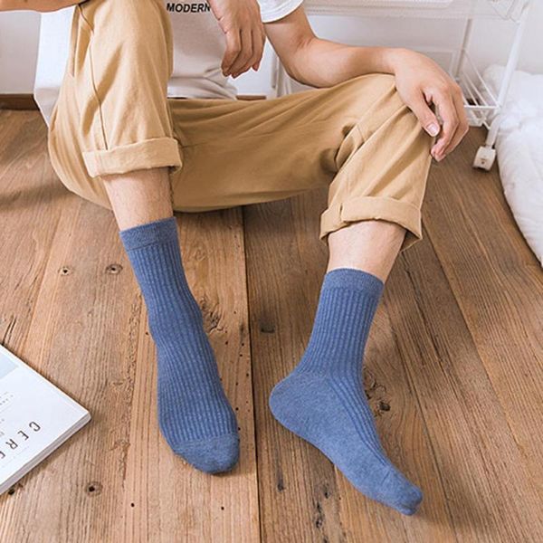 

men's socks japan korea winter warm cotton solid color classic ribbed soft elastic middle tube crew, Black