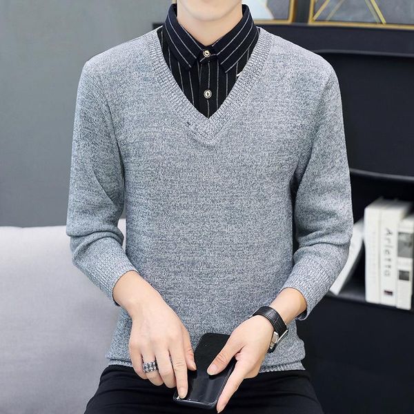

men's sweaters fake two spring and autumn striped shirt collar knit bottom trend jacket, White;black