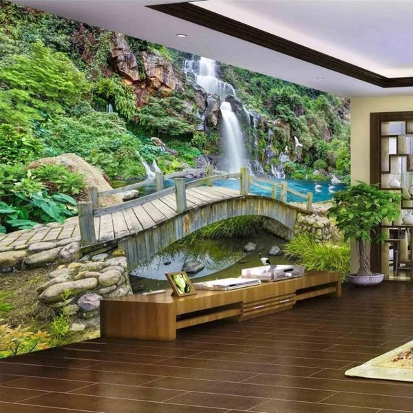 Wallpapers Custom Any Size 3D Mural Wallpaper Small Bridge Running Water Waterfall Nature Landscape Background Wall Papers Decor Waterproof