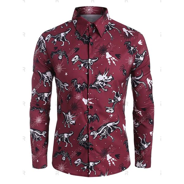 

halloween men's dinosaur bat skull print button shirt, White;black