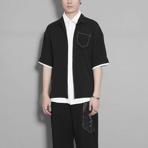 

s-6xl 2021 men's clothing hair stylist personalized black white contrast stitching fake two piece shirt plus size costumes casual shirt, White;black