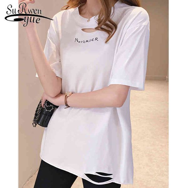 Ранняя весна и летние свободные корейские дыры с коротким рукавом футболка женский твердый цвет простой стиль повседневная футболка 8814 50 210427
