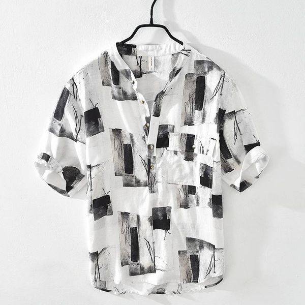 

men's casual shirts m1090 japanese style half-sleevd vintage men floral printed summer linen stand-up collar thin breathable youth pull, White;black