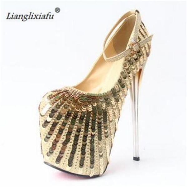 

lianglixianfu cdts zapatos plus:34-43 spring 20cm ultra high thin heels ankle strap sequins shoes woman wedding gold pumps dress, Black