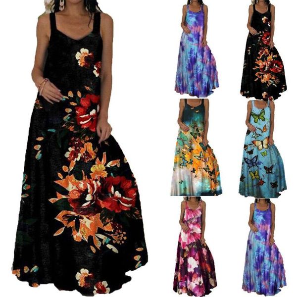 

casual dresses ladies print floral long boho bohemian beach summer dress women sundress v-neck sleeveless strap maxi vintage vestido, Black;gray
