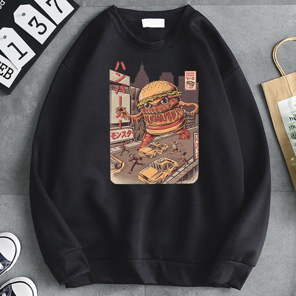 

men's hoodies & sweatshirts ukiyoe hamburger print sweatshirt long sleeve o neck mens hooded clothes kpop punk streetwear japan anime h, Black