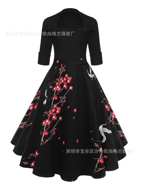 

dresses printed swing medium sleeve puffy dress, Black;gray