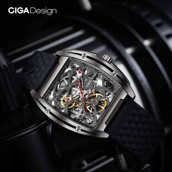 

ciga design watch automatic mechanical wristwatch titanium case sapphire crystal two straps silicone/leather timepiece, Slivery;brown