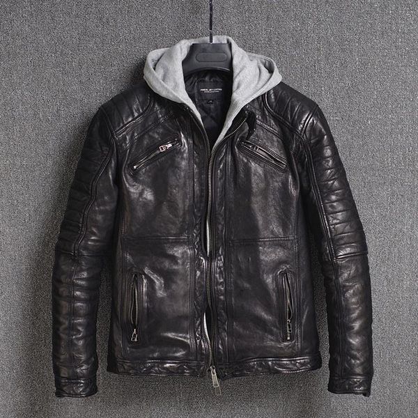 

men's leather & faux yr.classic motor biker genuine jacket.quality tanning sheepskin coat.vintage plus size jacket.fashion, Black