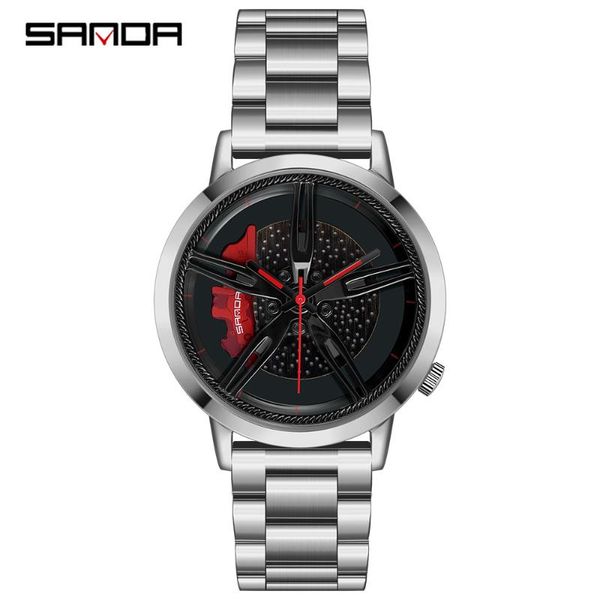 

wristwatches sanda luxury sell men watch racing wheel dial stainless sports waterproof quartz wristwatch relogio masculino, Slivery;brown
