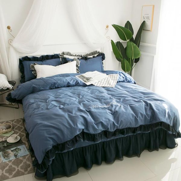 

bedding sets lace princess wedding luxury set king  twin pure cotton blue bed sheet solid duvet cover pillowcase bedclothes