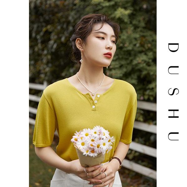 

women's blouses & shirts dushu plus size office lady five-point sleeve knitted t-shirt women 2021 summer loose yellow retro round neck, White