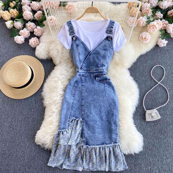 

singreiny summer fashion korean set womens dresses irregular floral ruffle sleeveless strap denim dress white t shirt two piece, Black;gray