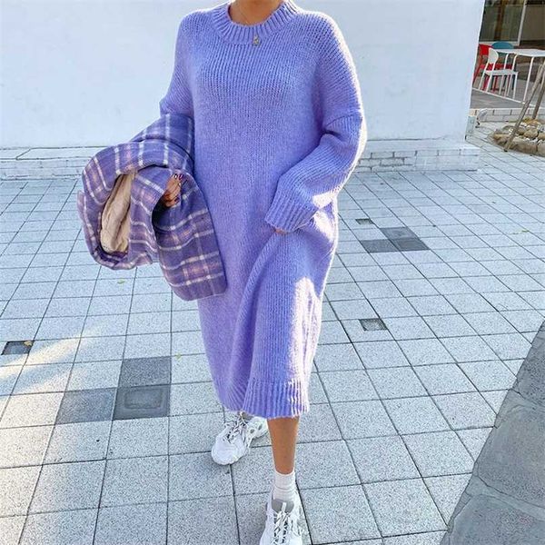

casual loose sweater dress winter women fashion knitting dresses long pullovers korean style lady warm long dress oversize 211221, Black;gray