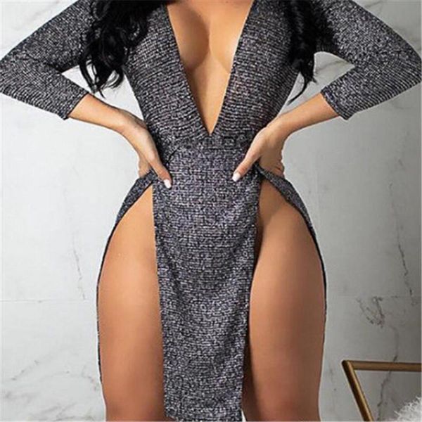 

casual dresses fashion women solid sparkly deep v neck long sleeve bandage bodycon mini dress party gown clubwear, Black;gray