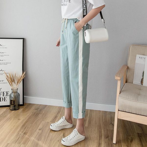

cotton linen ankle length pants women's spring summer casual trousers pencil striped green pink & capris, Black;white