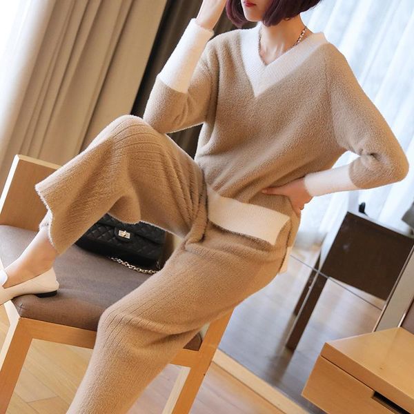 

two piece dress autumn modis cotton tracksuit women 2 set sweater and wide legge pants knitted suit knit outwear, White