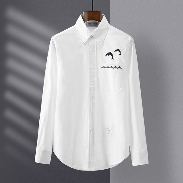 

men's and women's new tb long sleeve oxford spinning bf fashion embroidery dolphin leisure couple white shirt trend, White;black