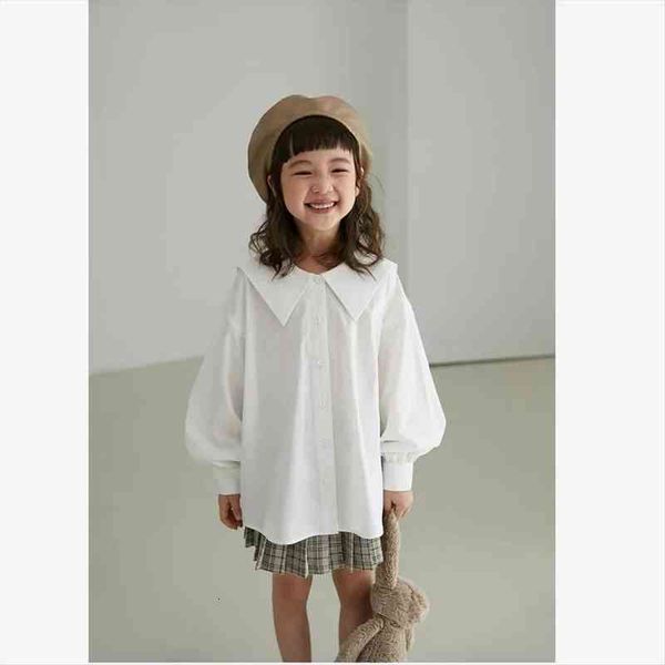 

4-14 years kids girls long sleeve white shirt children loose solid square collar blouse school clothes 5 6 7 8, White;black