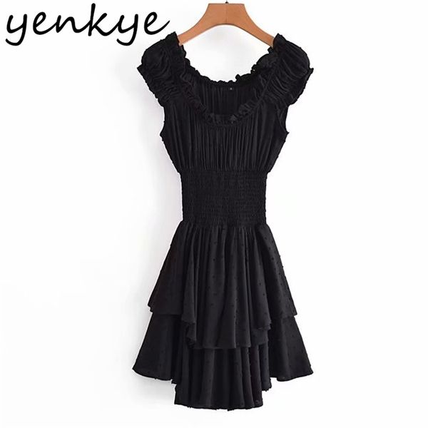 

vintage black off shoulder dress women elastic waist hem asymmetric ruffle holiday summer short vestido 210514, Black;gray