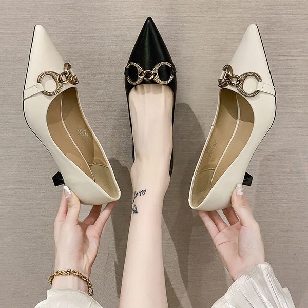 

luxury dress shoes 1169 spring layer cowhide high heels pointed middle heel shallow mouth fashion single women's sho, Black