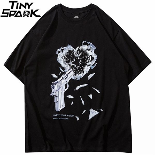 Streetwear Boy Tshirt Hip Hop Gun Kırma Kalp Baskı T-shirt Erkekler Harajuku Pamuk Gevşek Yaz Kısa Kollu Tops Tees 210409