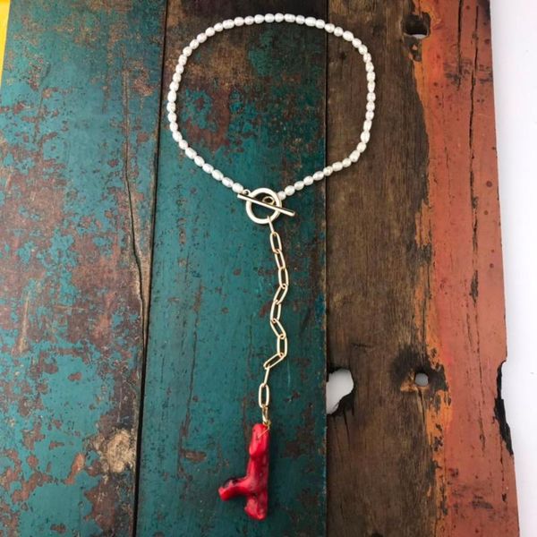 

natural pearl necklace bridal wedding statement erkek kolye red coral pendant women collar lariat necklace2021 chokers, Golden;silver