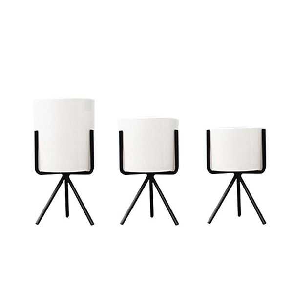 

vases set of 3pcs ceramic flower planters with iron shelf succulent plant pot home decorative vase without hole(black)
