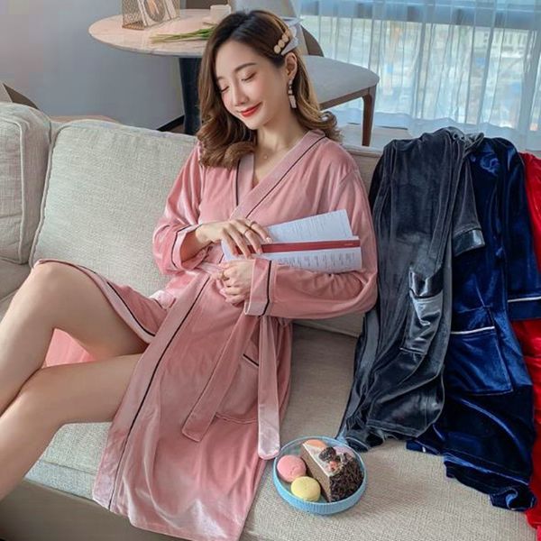 

women's sleepwear autumn winter kimono women bridesmaid robe gold veet warm bathrobe female temperament home clothes f16m, Black;red