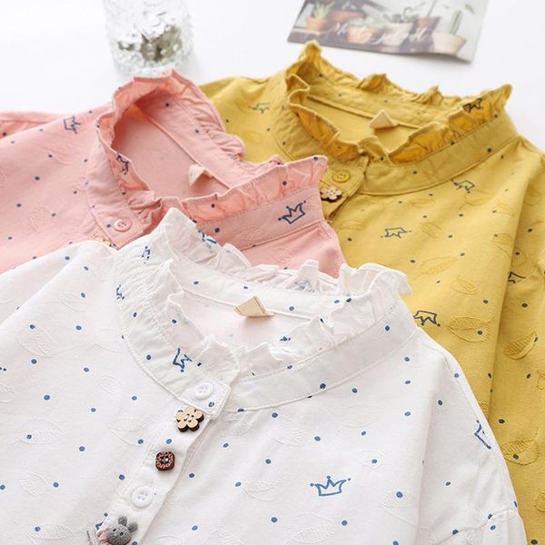 

women's blouses & shirts spring autumn printed stand collar cotton shirt mori girl loose casual sweet long-sleeve female vestido u160, White